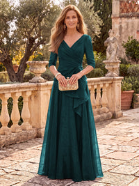 Organza V Neck Half Sleeves Floor Length A Line Mother of the Bride/Groom Dresses