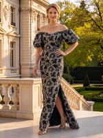 Jacquard Mother of the Bride/Groom Dresses A Line Off the Shoulder Puff Sleeves Floor Length with Slit