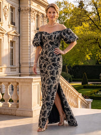 Jacquard Mother of the Bride/Groom Dresses A Line Off the Shoulder Puff Sleeves Floor Length with Slit