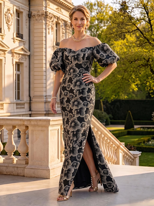 Jacquard Mother of the Bride/Groom Dresses A Line Off the Shoulder Puff Sleeves Floor Length with Slit