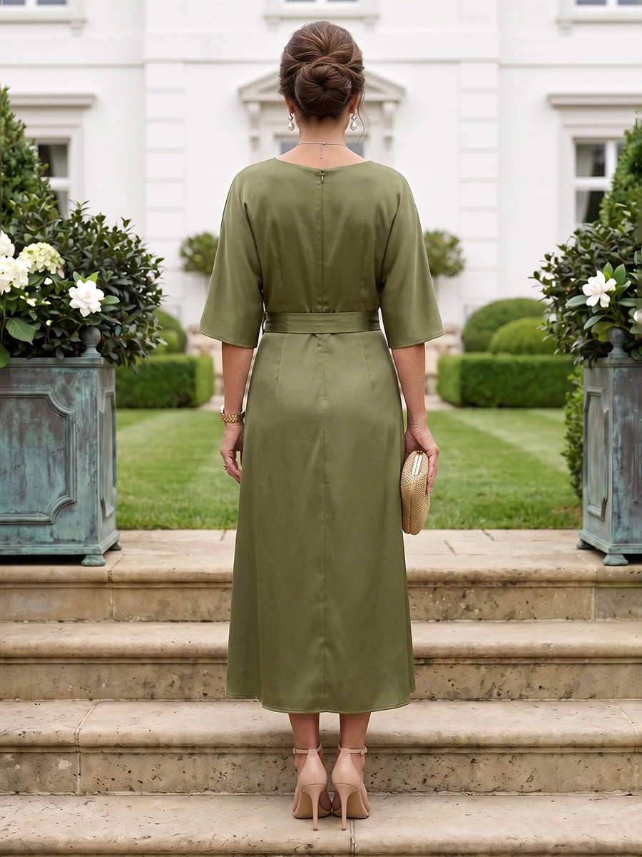 Satin Mother of the Bride/Groom Dresses Column V Neck Half Sleeves Ankle Length with Flower