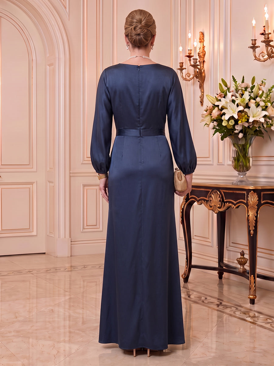 Satin Mother of the Bride/Groom Dresses Mermaid Scoop Neck Long Sleeves Floor Length with Slit