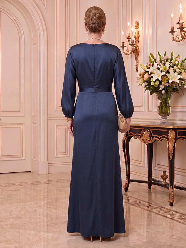 Satin Mother of the Bride/Groom Dresses Mermaid Scoop Neck Long Sleeves Floor Length with Slit