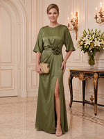 Satin Mother of the Bride/Groom Dresses Sheath Scoop Neck Half Sleeves Floor Length with Slit