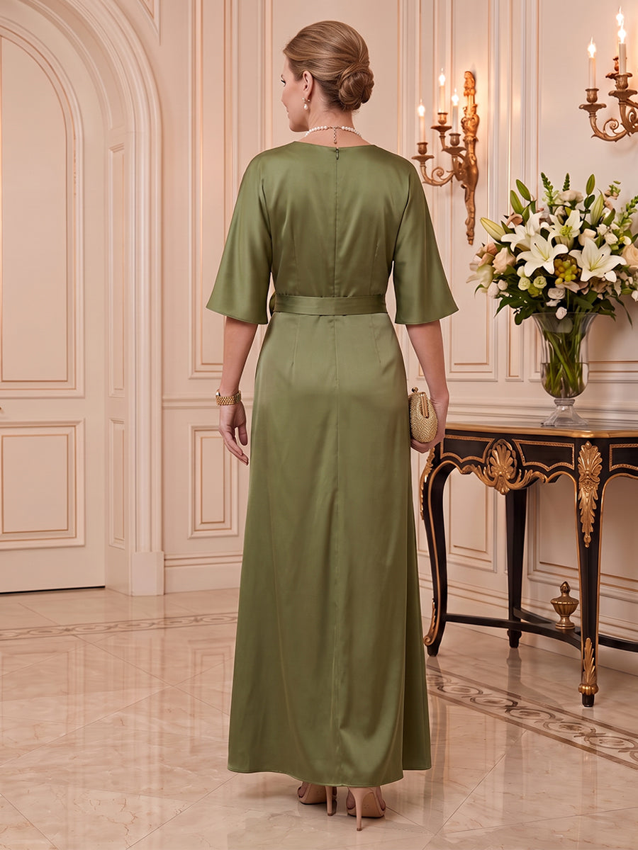 Satin Mother of the Bride/Groom Dresses Sheath Scoop Neck Half Sleeves Floor Length with Slit
