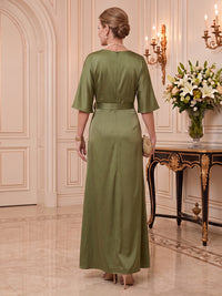 Satin Mother of the Bride/Groom Dresses Sheath Scoop Neck Half Sleeves Floor Length with Slit