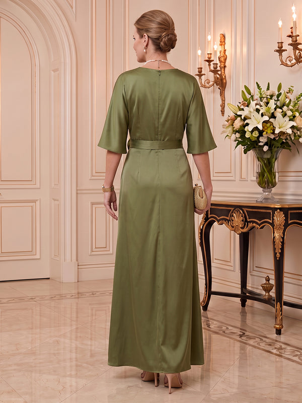 Satin Mother of the Bride/Groom Dresses Sheath Scoop Neck Half Sleeves Floor Length with Slit