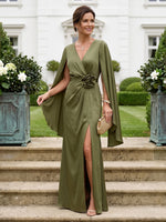 Satin Mother of the Bride/Groom Dresses Sheath V Neck Cape Sleeves Floor Length with Slit