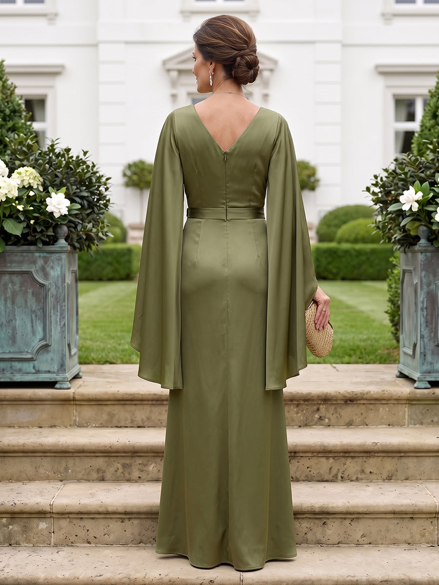 Satin Mother of the Bride/Groom Dresses Sheath V Neck Cape Sleeves Floor Length with Slit