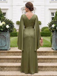 Satin Mother of the Bride/Groom Dresses Sheath V Neck Cape Sleeves Floor Length with Slit