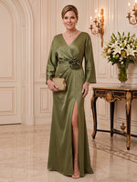 Satin Mother of the Bride/Groom Dresses Mermaid V Neck Long Sleeves Floor Length with Slit