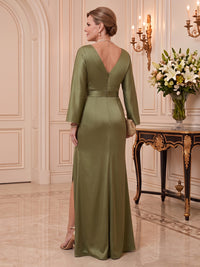 Satin Mother of the Bride/Groom Dresses Mermaid V Neck Long Sleeves Floor Length with Slit