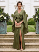 Satin Mother of the Bride/Groom Dresses Mermaid V Neck Cape Sleeves Floor Length with Slit