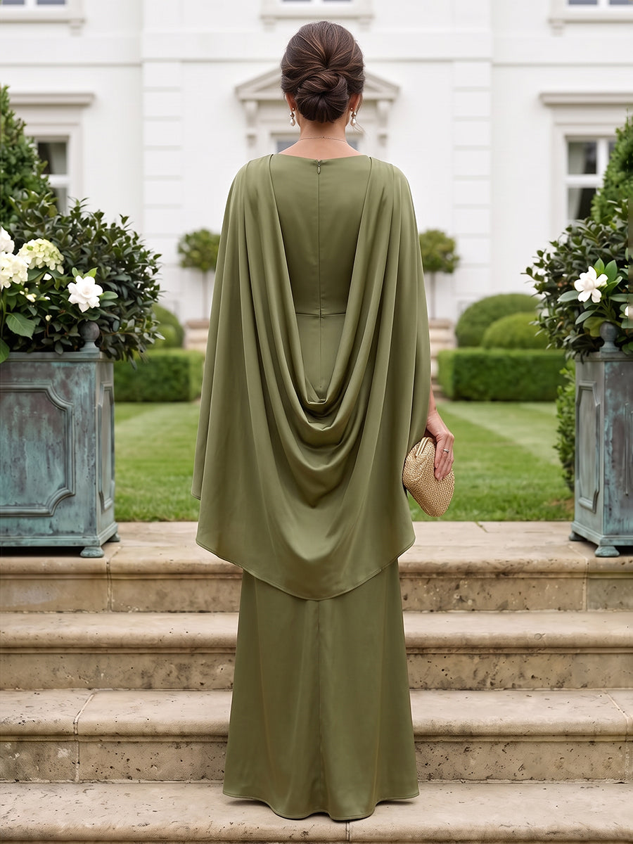 Satin Mother of the Bride/Groom Dresses Mermaid V Neck Cape Sleeves Floor Length with Slit