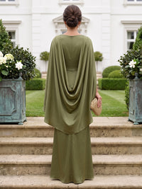 Satin Mother of the Bride/Groom Dresses Mermaid V Neck Cape Sleeves Floor Length with Slit