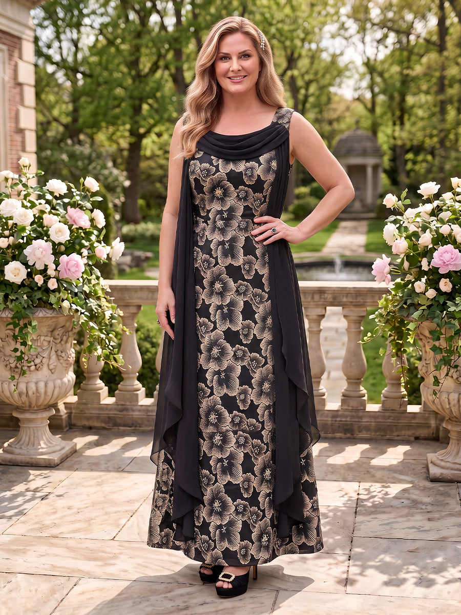 Jacquard Mother of the Bride/Groom Dresses A Line Cowl Neck Floor Length Sleeveless
