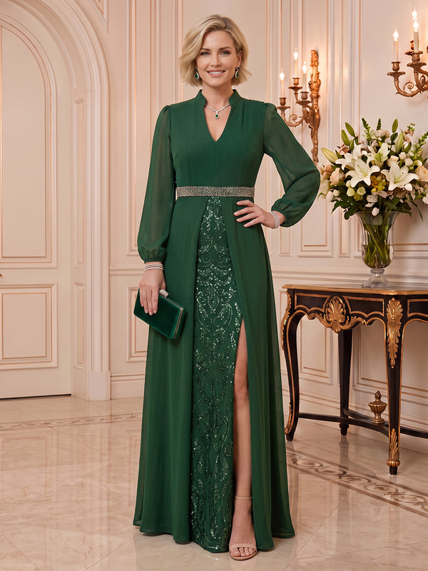 Chiffon Mother of the Bride/Groom Dresses A Line V Neck Long Sleeves Floor Length with Slit