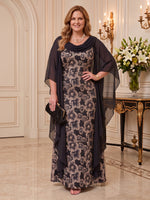 Jacquard Mother of the Bride/Groom Dresses A Line Cowl Neck Floor Length Cape Sleeves