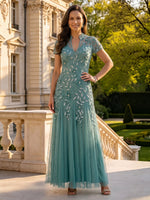 Sequin Mother of the Bride/Groom Dresses A Line High Neck Short Sleeves Floor Length