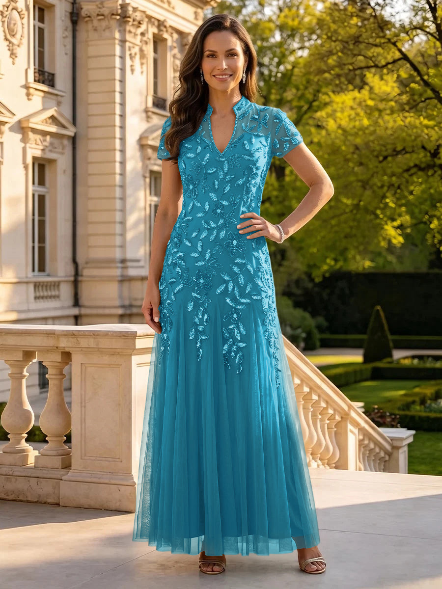 Sequin Mother of the Bride/Groom Dresses A Line High Neck Short Sleeves Floor Length