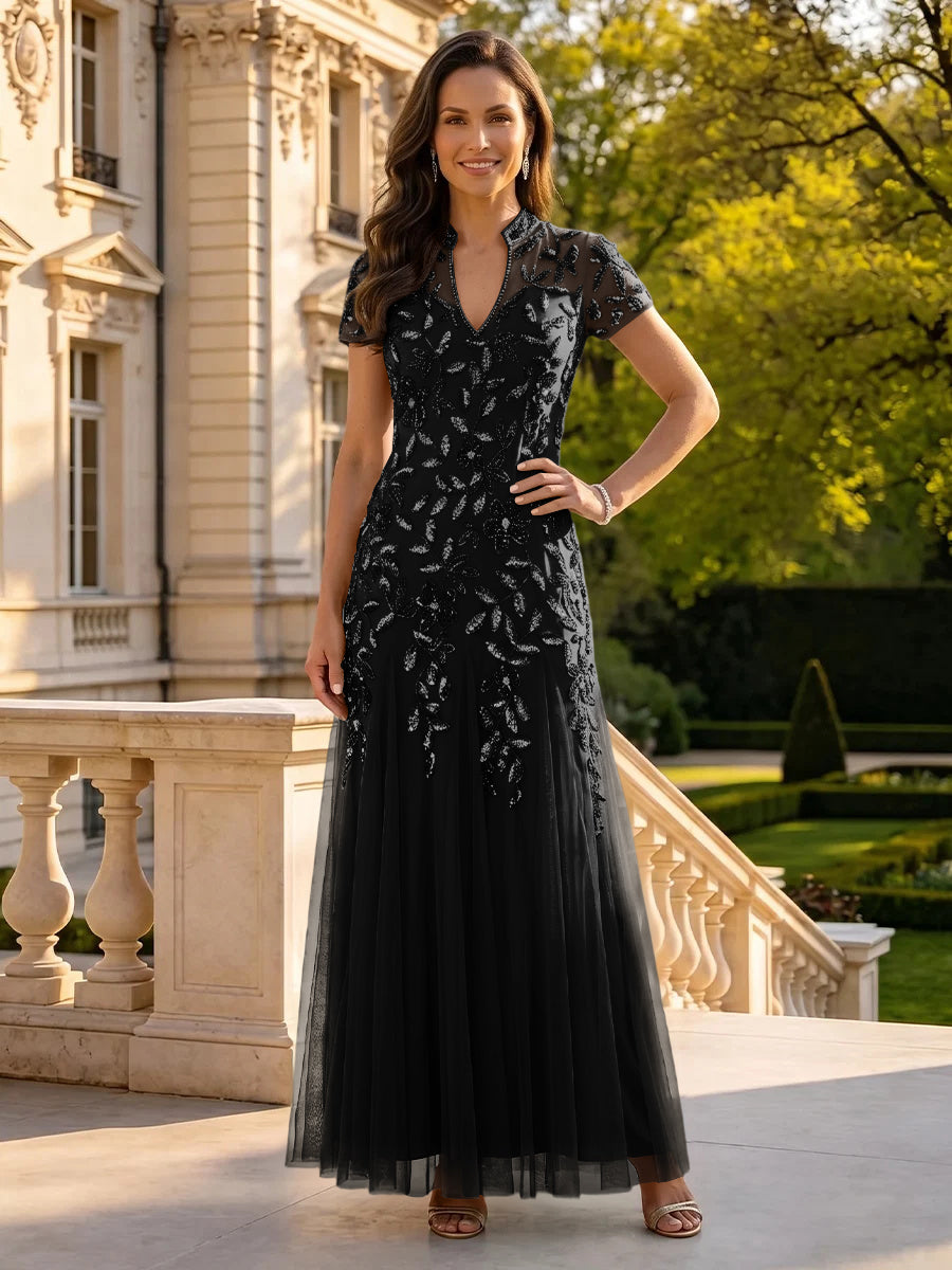 Sequin Mother of the Bride/Groom Dresses A Line High Neck Short Sleeves Floor Length