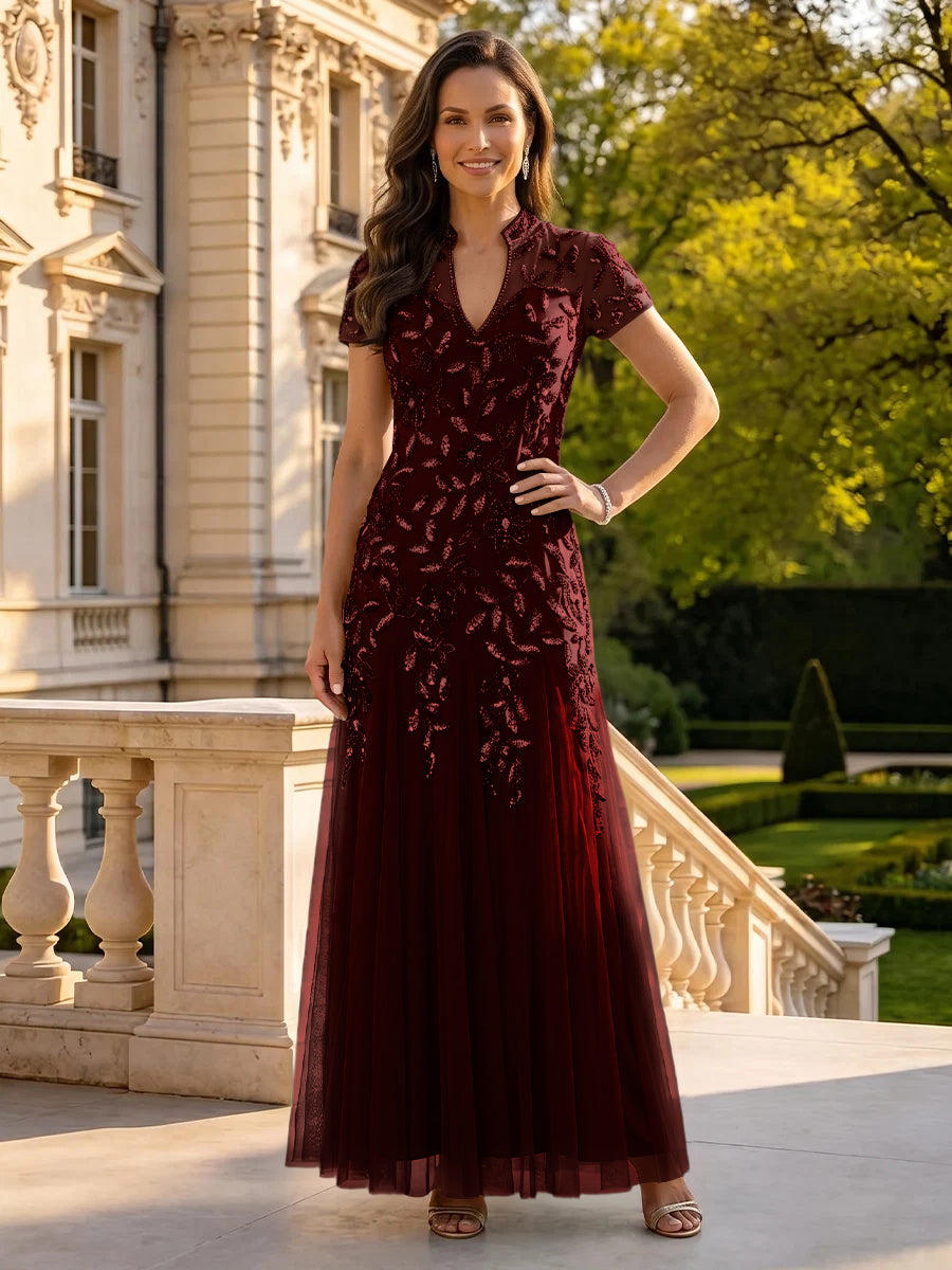 Sequin Mother of the Bride/Groom Dresses A Line High Neck Short Sleeves Floor Length