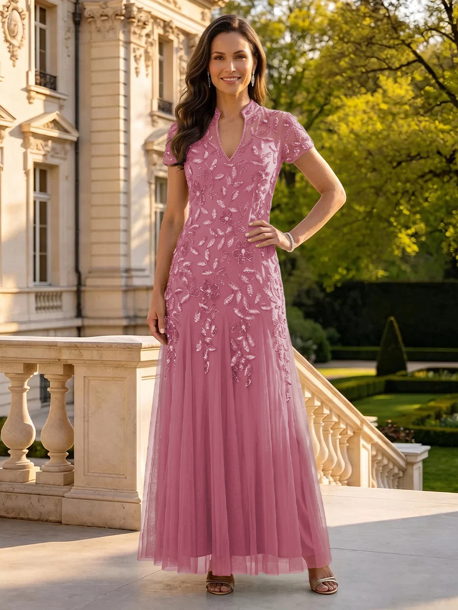 Sequin Mother of the Bride/Groom Dresses A Line High Neck Short Sleeves Floor Length