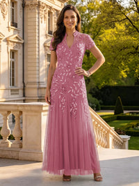 Sequin Mother of the Bride/Groom Dresses A Line High Neck Short Sleeves Floor Length