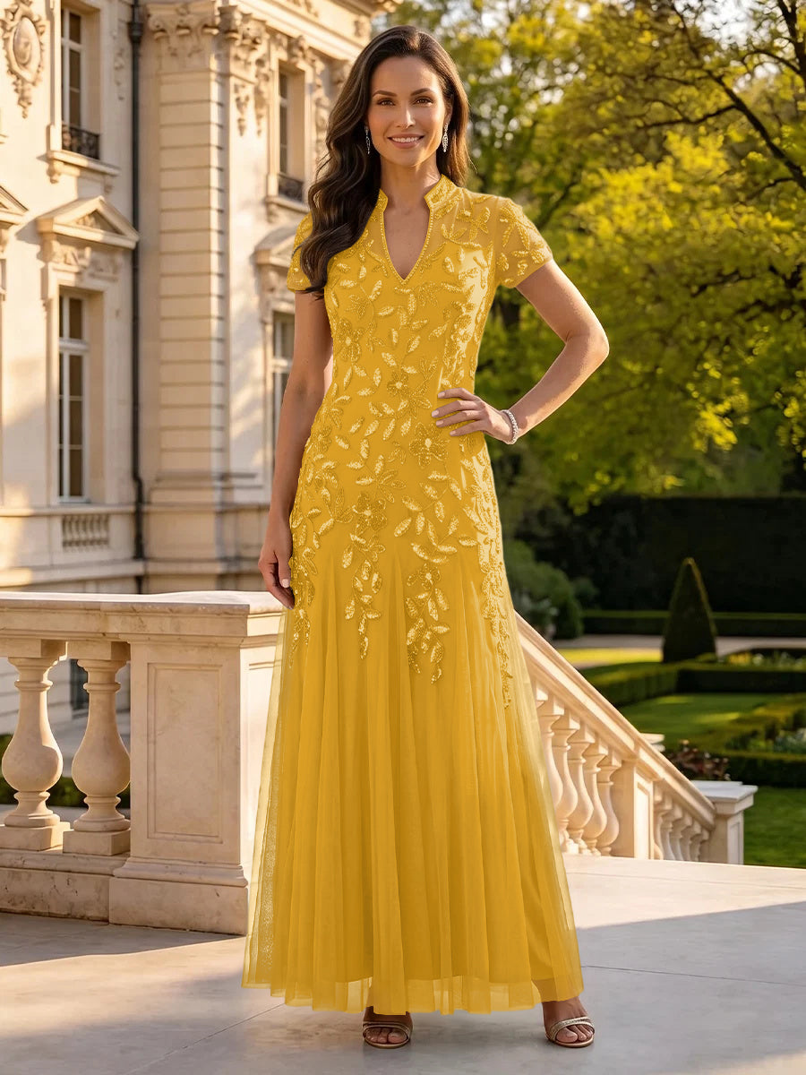 Sequin Mother of the Bride/Groom Dresses A Line High Neck Short Sleeves Floor Length