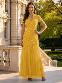 Sequin Mother of the Bride/Groom Dresses A Line High Neck Short Sleeves Floor Length