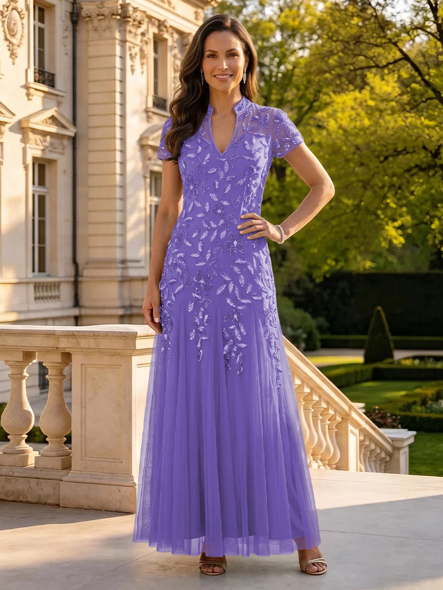Sequin Mother of the Bride/Groom Dresses A Line High Neck Short Sleeves Floor Length