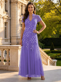 Sequin Mother of the Bride/Groom Dresses A Line High Neck Short Sleeves Floor Length