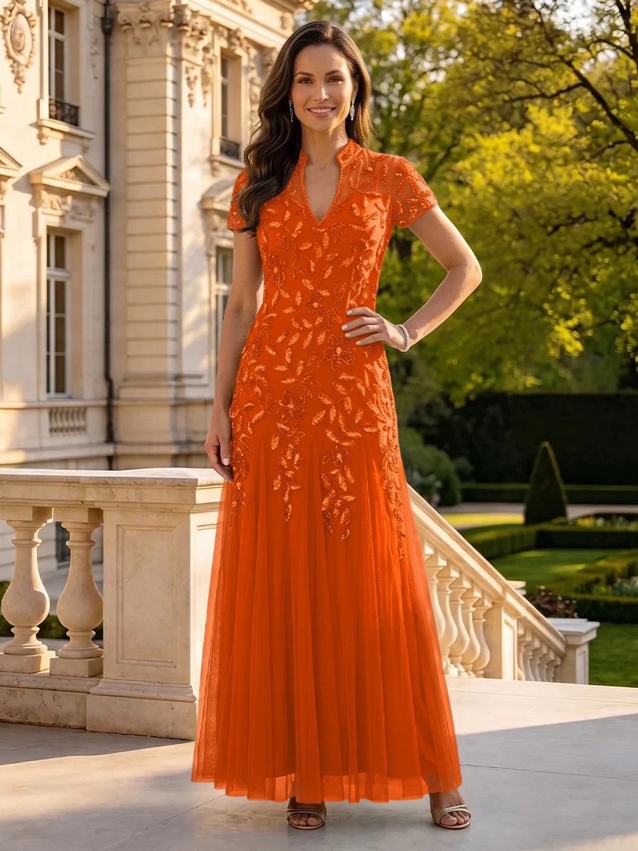 Sequin Mother of the Bride/Groom Dresses A Line High Neck Short Sleeves Floor Length