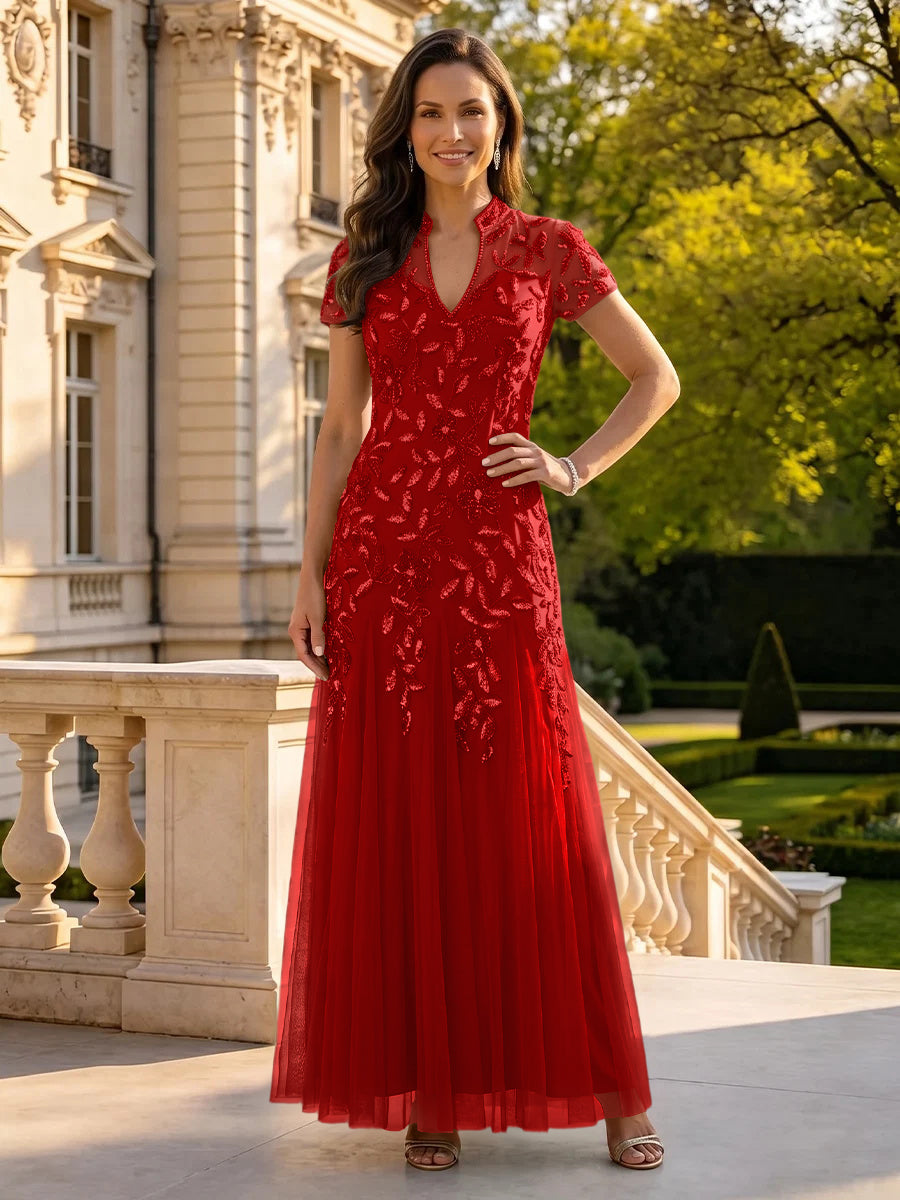 Sequin Mother of the Bride/Groom Dresses A Line High Neck Short Sleeves Floor Length