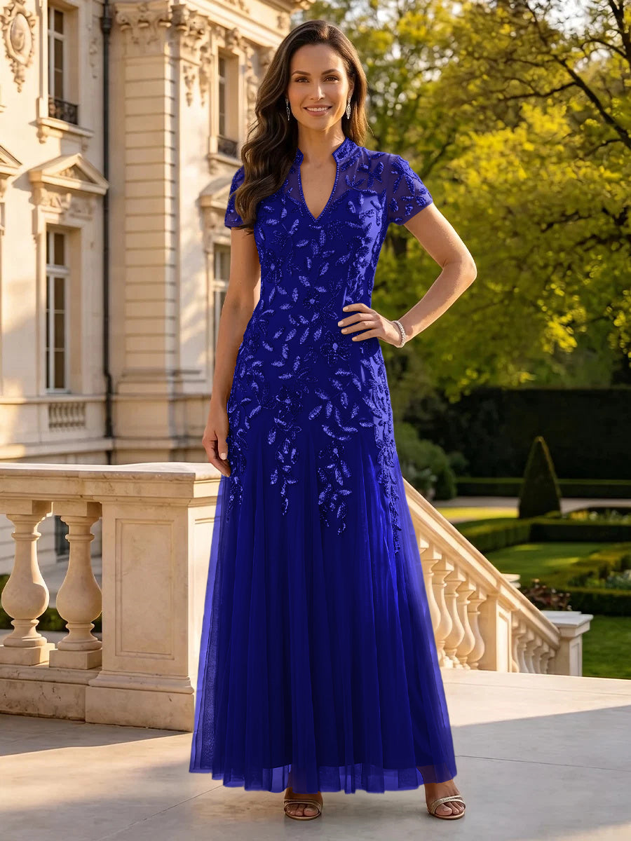 Sequin Mother of the Bride/Groom Dresses A Line High Neck Short Sleeves Floor Length