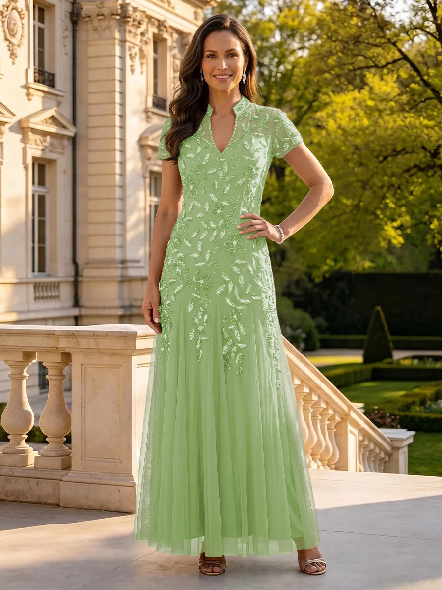 Sequin Mother of the Bride/Groom Dresses A Line High Neck Short Sleeves Floor Length