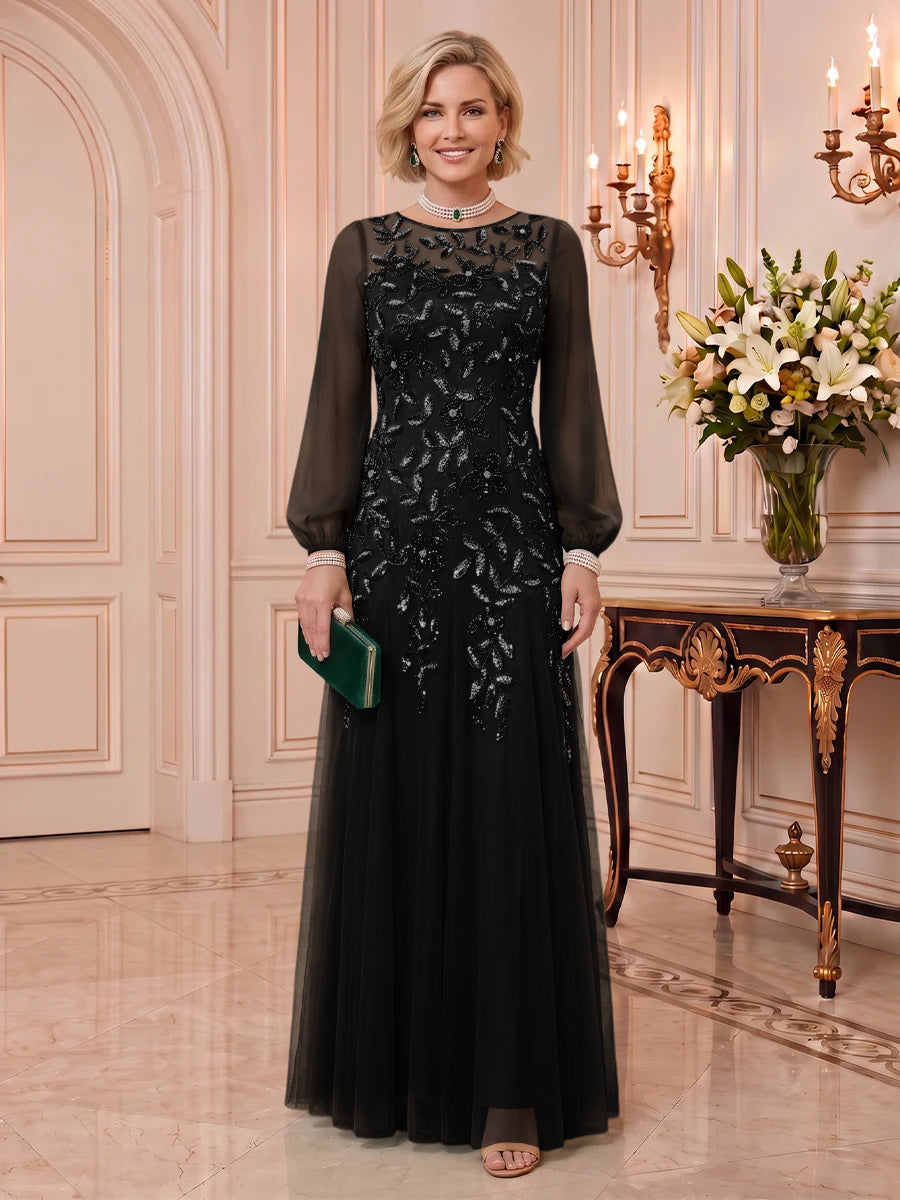 Sequin Mother of the Bride/Groom Dresses Long Sleeves Floor Length A Line