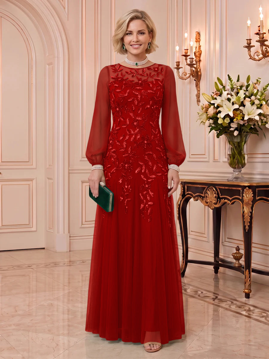 Sequin Mother of the Bride/Groom Dresses Long Sleeves Floor Length A Line