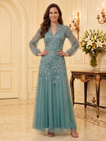 Sequin Mother of the Bride/Groom Dresses A Line V Neck Long Sleeves Floor Length