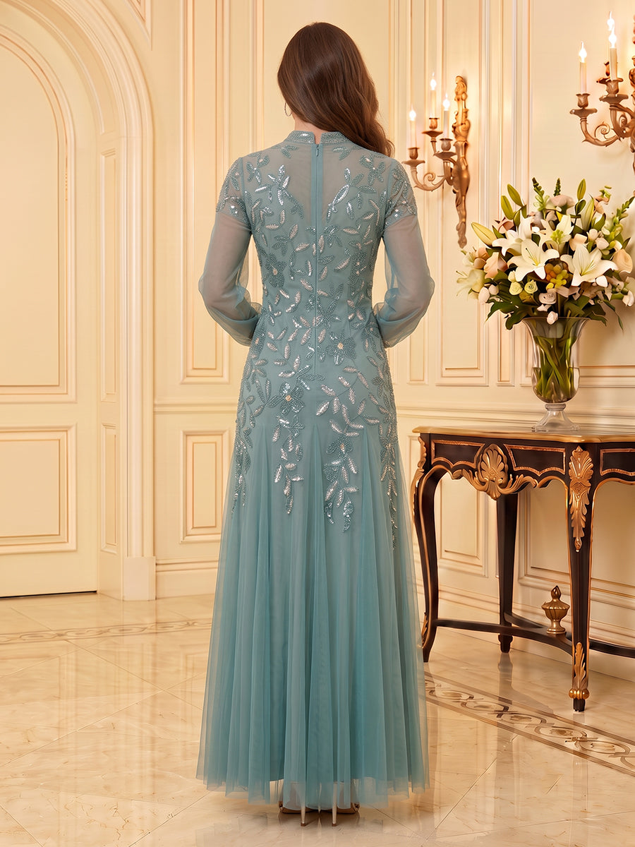 Sequin Mother of the Bride/Groom Dresses A Line V Neck Long Sleeves Floor Length