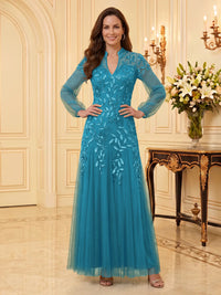 Sequin Mother of the Bride/Groom Dresses A Line V Neck Long Sleeves Floor Length
