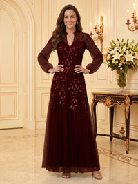 Sequin Mother of the Bride/Groom Dresses A Line V Neck Long Sleeves Floor Length
