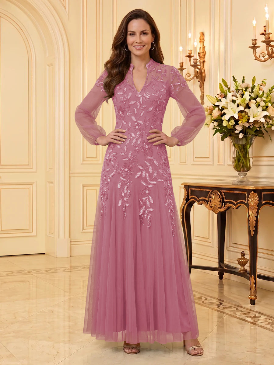 Sequin Mother of the Bride/Groom Dresses A Line V Neck Long Sleeves Floor Length