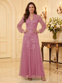 Sequin Mother of the Bride/Groom Dresses A Line V Neck Long Sleeves Floor Length