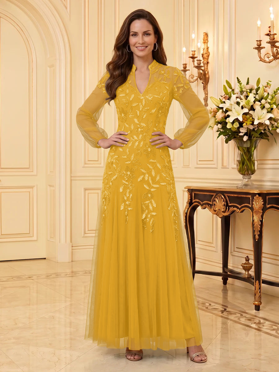 Sequin Mother of the Bride/Groom Dresses A Line V Neck Long Sleeves Floor Length