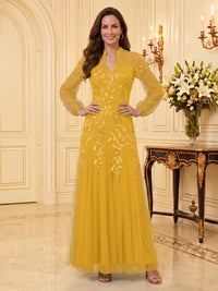 Sequin Mother of the Bride/Groom Dresses A Line V Neck Long Sleeves Floor Length