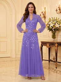 Sequin Mother of the Bride/Groom Dresses A Line V Neck Long Sleeves Floor Length