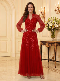 Sequin Mother of the Bride/Groom Dresses A Line V Neck Long Sleeves Floor Length