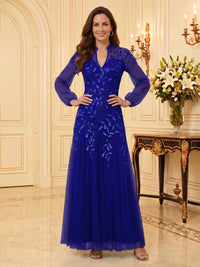 Sequin Mother of the Bride/Groom Dresses A Line V Neck Long Sleeves Floor Length