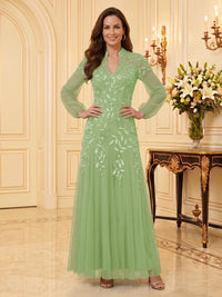 Sequin Mother of the Bride/Groom Dresses A Line V Neck Long Sleeves Floor Length